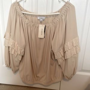 NWT Sand Cory Ruffle Knit Off Shoulder top in sand by Evereve